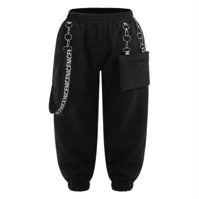 Hedmy Girls Casual Cargo Jogger Pants Loose Street Jazz Hip Hop Dance Metal Chains Gothic Sports Sweatpants Black 12 Years