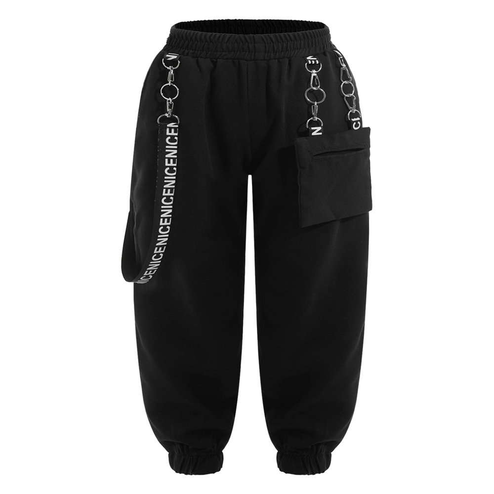 Hedmy Girls Casual Cargo Jogger Pants Loose Street Jazz Hip Hop Dance Metal Chains Gothic Sports Sweatpants Black 12 Years