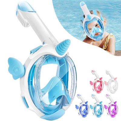 KLERICER Kids Snorkel Mask, Full Face Snorkel Mask 180 Panoramic View, Dry Top Snorkeling Gear for Kids, Anti Fog Anti Leak Diving Mask with Double Air Flows Way, for Aged 4-15 Years Kids (Blue)