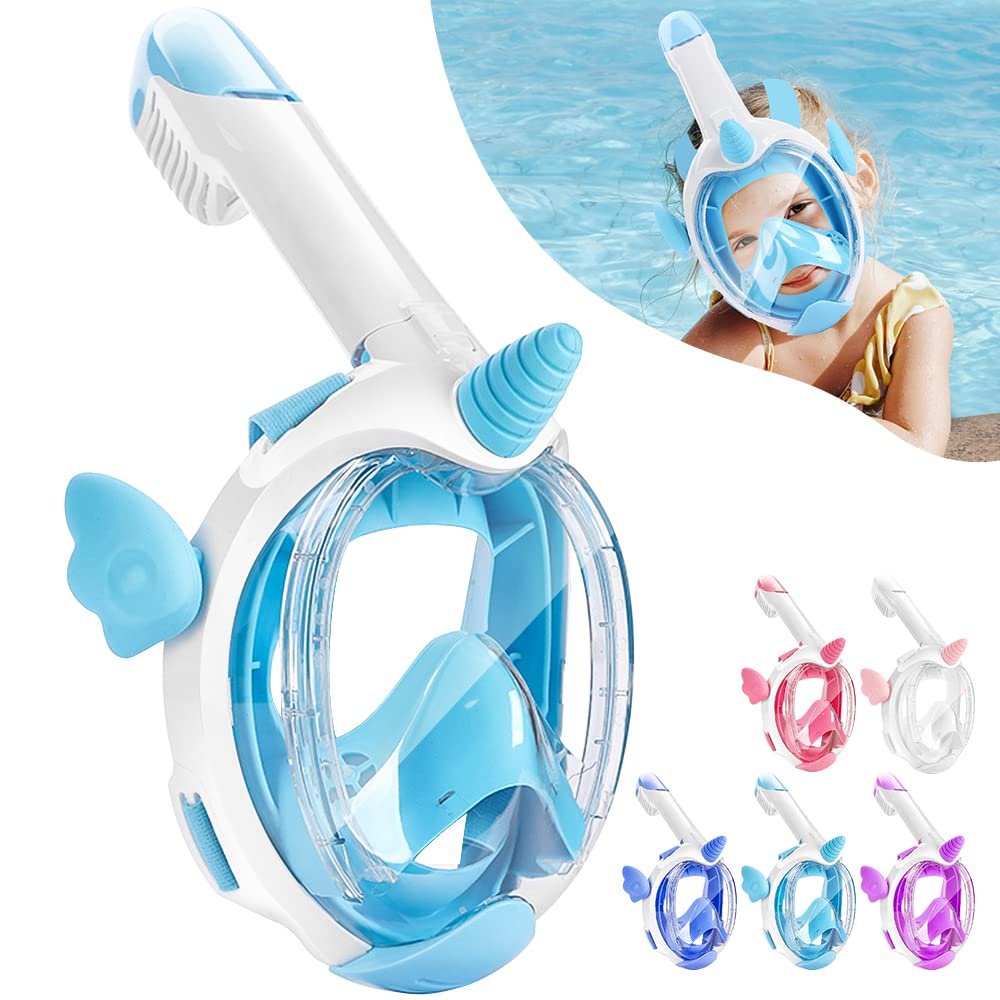 KLERICER Kids Snorkel Mask, Full Face Snorkel Mask 180 Panoramic View, Dry Top Snorkeling Gear for Kids, Anti Fog Anti Leak Diving Mask with Double Air Flows Way, for Aged 4-15 Years Kids (Blue)