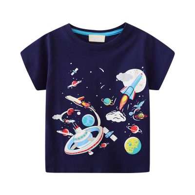 Toddler Girl Clothes Boys Spaceship Base Planet Pattern Short Sleeved T Shirt Children's Male (Dark Blue, 12-24 Months)