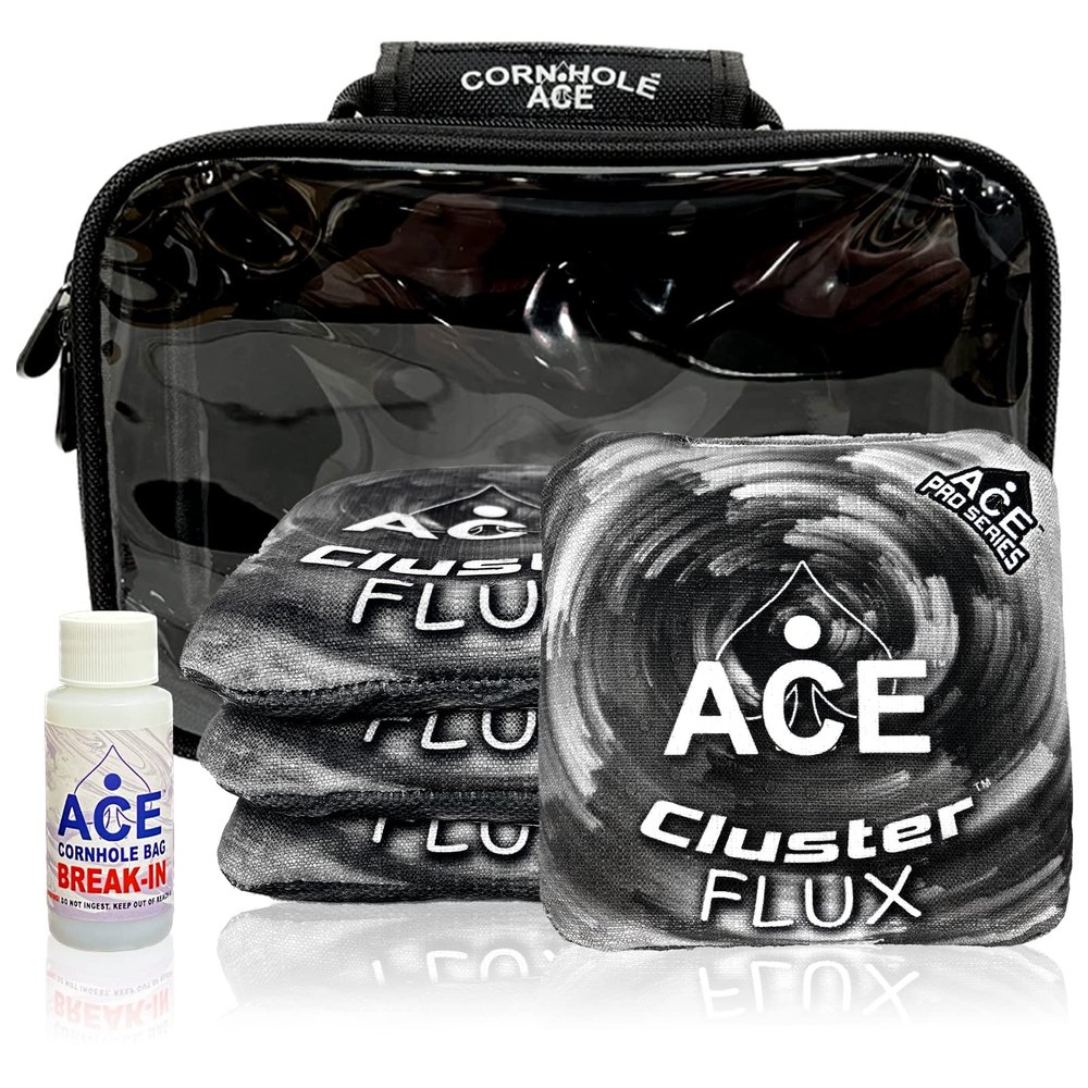 CornholeAce Cluster Flux | Silver | ACE Pro Bag Kit: 4 Bags + Break-in Kit + Carry Case | Professional Cornhole Bags Dual Sided Slick Stick All Weather