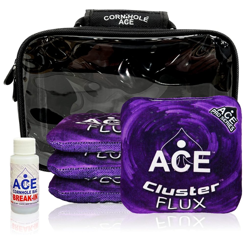 CornholeAce Cluster Flux | Purple | ACE Pro Bag Kit: 4 Bags + Break-in Kit + Carry Case | Professional Cornhole Bags Dual Sided Slick Stick All Weather