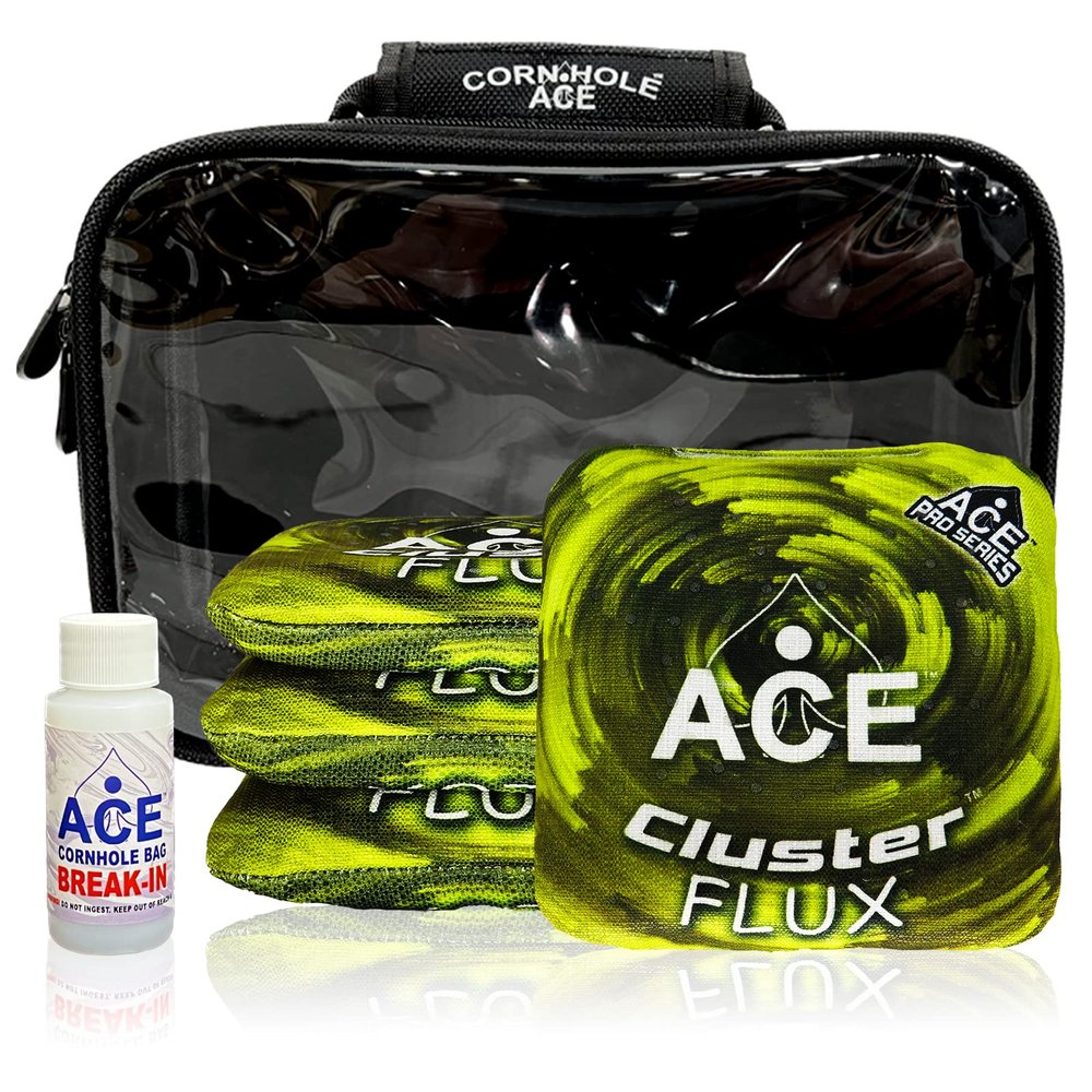 CornholeAce Cluster Flux | Yellow | ACE Pro Bag Kit: 4 Bags + Break-in Kit + Carry Case | Professional Cornhole Bags Dual Sided Slick Stick All Weather