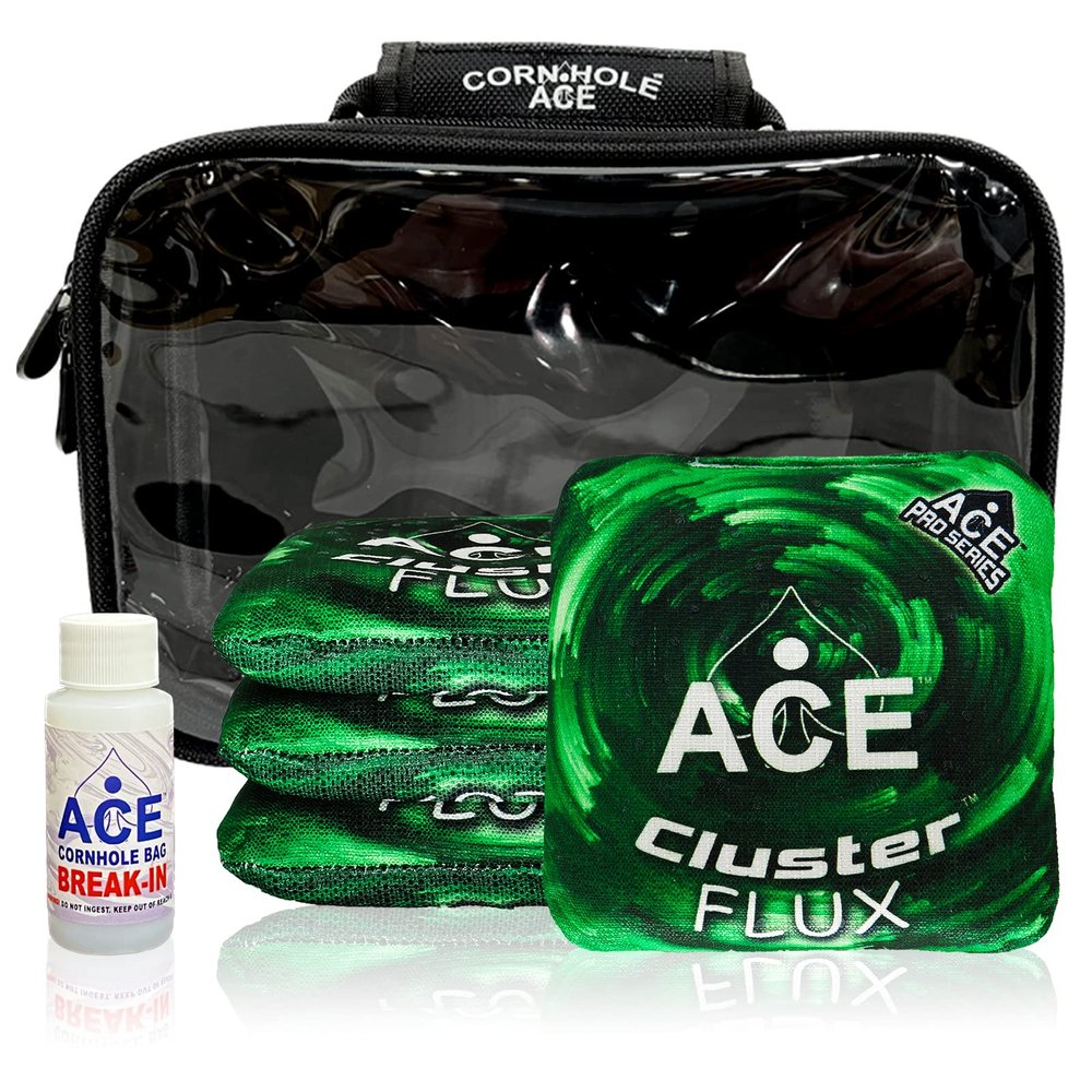 CornholeAce Cluster Flux | Green | ACE Pro Bag Kit: 4 Bags + Break-in Kit + Carry Case | Professional Cornhole Bags Dual Sided Slick Stick All Weather