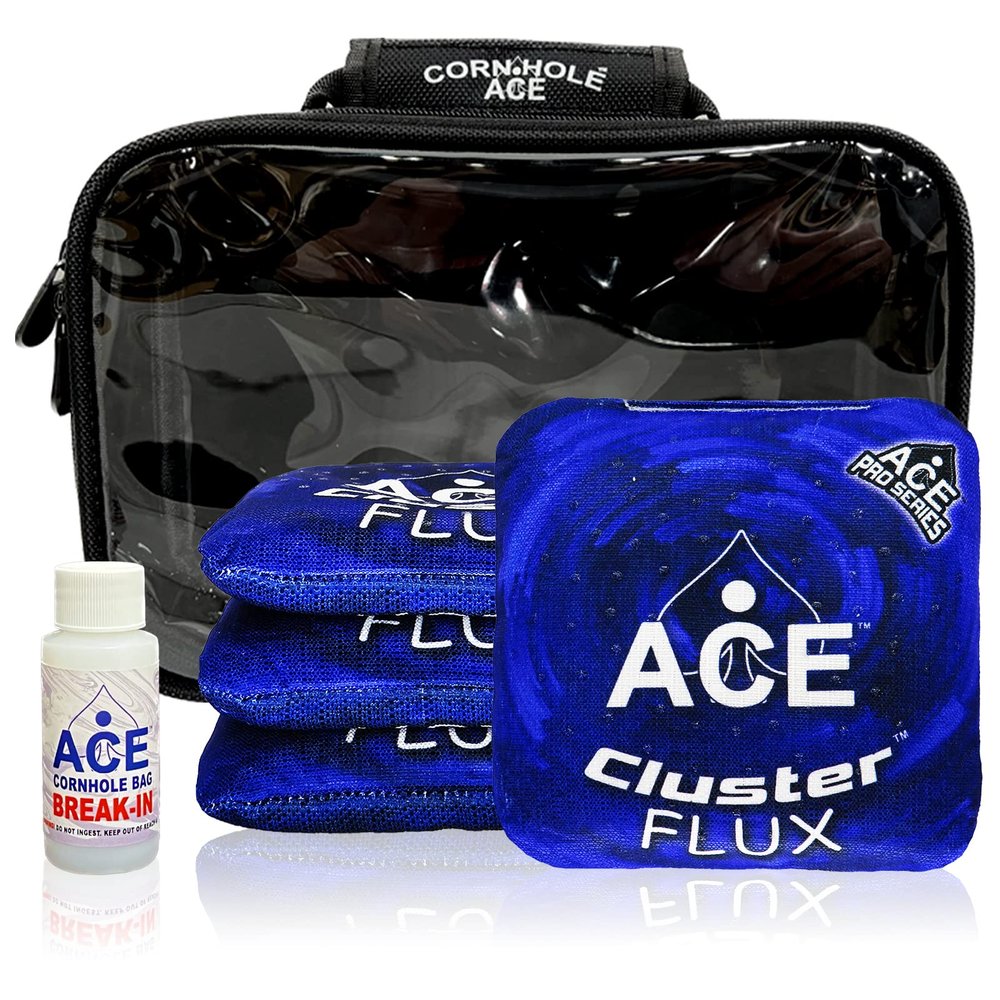 CornholeAce Cluster Flux | Blue | ACE Pro Bag Kit: 4 Bags + Break-in Kit + Carry Case | Professional Cornhole Bags Dual Sided Slick Stick All Weather