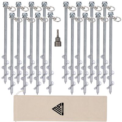 Ground Anchors Screw in - 12" Set of 16 with Drill Bit - Earth Anchors - Ground Stakes Heavy Duty - Mobile Home Anchors - Shed Anchor Kit - Swing Set Anchors - Tree Stakes - Awning Canopy Anchor
