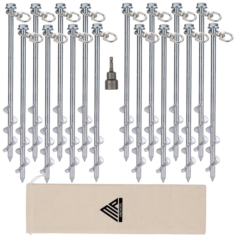 Ground Anchors Screw in - 12" Set of 16 with Drill Bit - Earth Anchors - Ground Stakes Heavy Duty - Mobile Home Anchors - Shed Anchor Kit - Swing Set Anchors - Tree Stakes - Awning Canopy Anchor