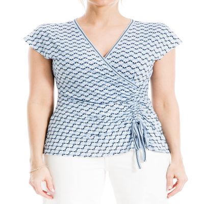 Max Studio Women's Crepe Short Sleeve Faux Wrap Top, Chambray/Ivory Simple Daisy, Large