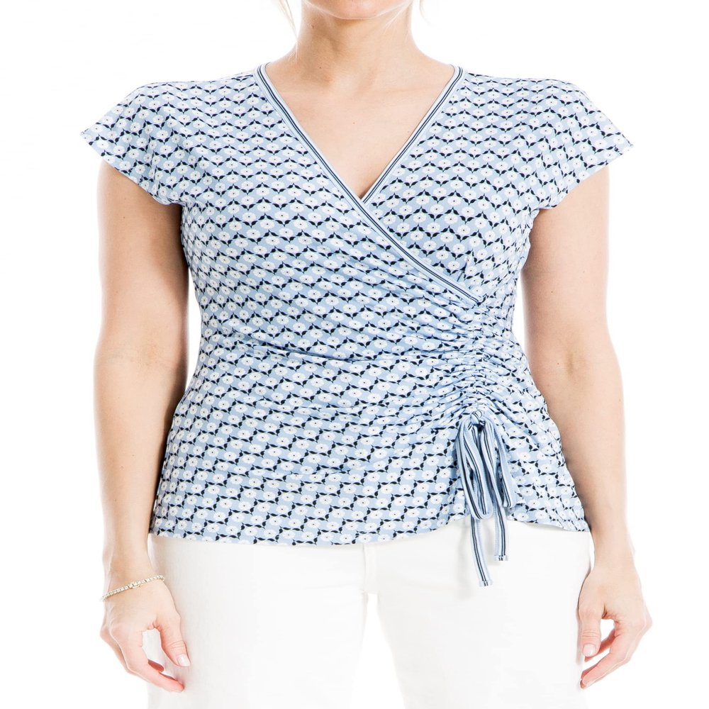 Max Studio Women's Crepe Short Sleeve Faux Wrap Top, Chambray/Ivory Simple Daisy, Large