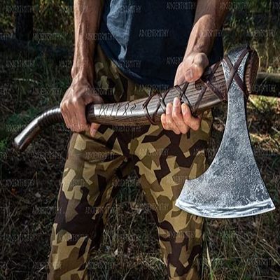 VIKING HOUSE | War Axe, Two Handed war Axe, Hand Forged Steel Axe, Norse Battle Axe, Scandinavian Style Viking Hatchet, Viking Bearded Tactical Axe, History of Viking