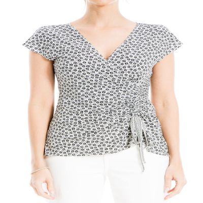 Max Studio Women's Crepe Short Sleeve Faux Wrap Top, Ivory/Black Floating Petals, Large