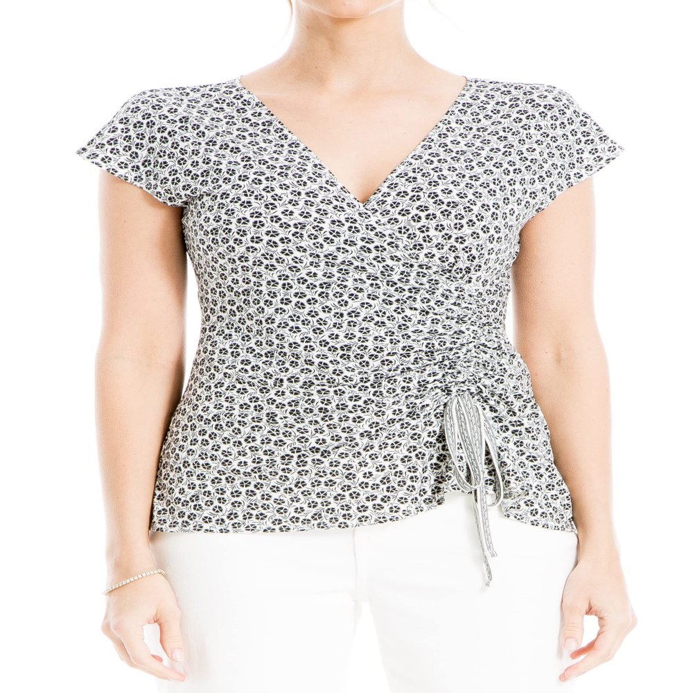 Max Studio Women's Crepe Short Sleeve Faux Wrap Top, Ivory/Black Floating Petals, Large