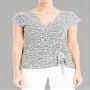 Max Studio Women's Crepe Short Sleeve Faux Wrap Top, Ivory/Black Floating Petals, Large view 4