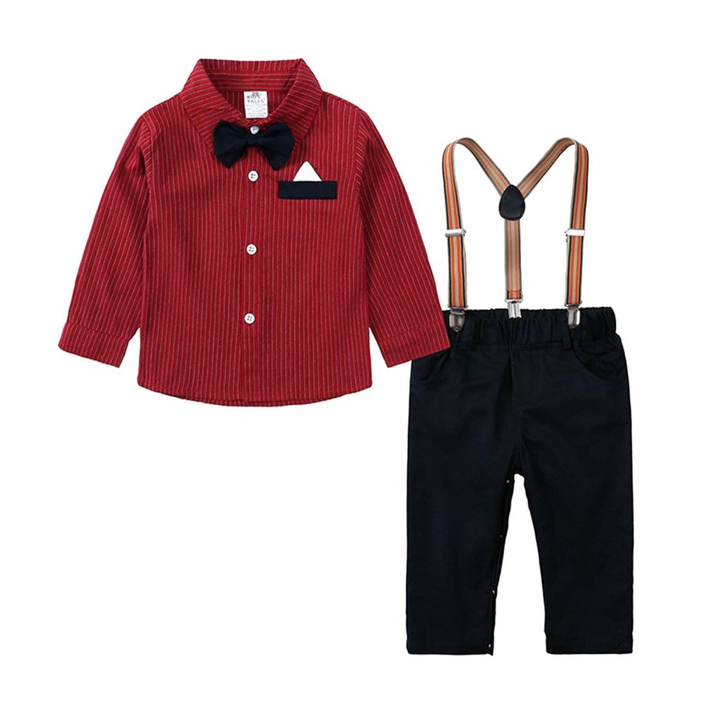 Toddler Boys Long Sleeve Red Shirt Tops Pants with Tie Child Kids Gentleman Outfits Toddler Clothes (Red, 3-4 Years)