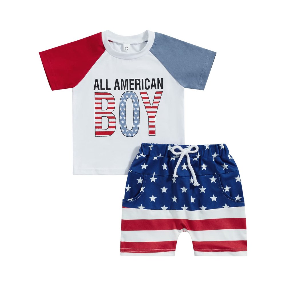 YINGISFITM 4th/Fourth of July Baby Boy Outfit Short Sleeve T Shirts Top Stars Stripes Shorts Summer Clothes Set (Block sleeve stars stripes,0-6 Months)