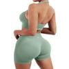 SUUKSESS Women Two Piece Seamless Ribbed Workout Sets Outfits Backless Halter Sports Bra Booty Biker Shorts (Light Green, M) view 3