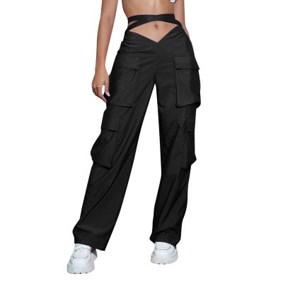 YOLAI Woman V Crosseed Baggy Cargo Pant Streetwear Hip Hop Overalls Trousers High Waist Joggers Sweatpants with Pockets (Black, XL)