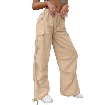 YOLAI Woman Baggy Cargo Pant Streetwear Hip Hop Overalls Trousers Mid Waist Drawstring Joggers Sweatpants with Pockets (Khaki, XS)