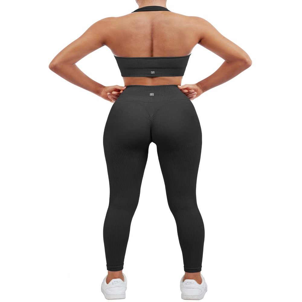 SUUKSESS Women Two Piece Seamless Ribbed Workout Sets Outfits Backless Halter Sports Bra Booty Biker Leggings (#1 Black, S)