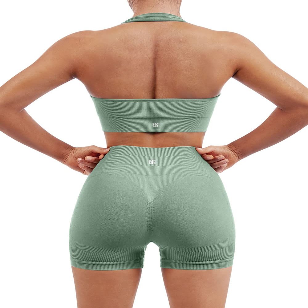 SUUKSESS Women Two Piece Seamless Ribbed Workout Sets Outfits Backless Halter Sports Bra Booty Biker Shorts (Light Green, S)