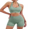 SUUKSESS Women Two Piece Seamless Ribbed Workout Sets Outfits Backless Halter Sports Bra Booty Biker Shorts (Light Green, S) view 2