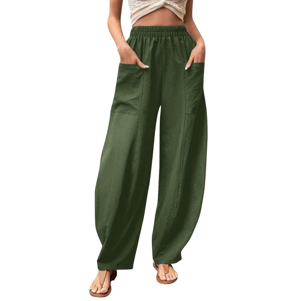 YOLAI Womens Solid Color Casual Pants High Waist Wide Leg Trousers Summer Lightweight Trousers with Pockets (AG, XL)