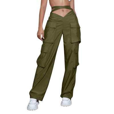 YOLAI Woman V Crosseed Baggy Cargo Pant Streetwear Hip Hop Overalls Trousers High Waist Joggers Sweatpants with Pockets (AG, S)