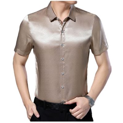 Hndudnff Men's Satin Button Down Dress Shirts Tuxedo Business Casual Short Sleeve Shirts Champagne