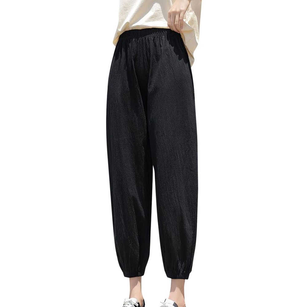 YOLAI Women Cotton Linen Jogger Sweatpants Multicolour Elastic Waist Pant Loose Lightweight Breathable Trousers (Black, S)