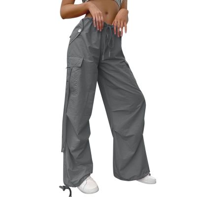 YOLAI Woman Baggy Cargo Pant Streetwear Hip Hop Overalls Trousers Mid Waist Drawstring Joggers Sweatpants with Pockets (Dark Gray, L)