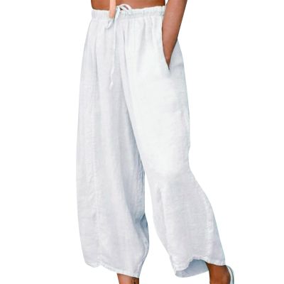 YOLAI Women's Cotton and Linen Cropped Trousers Solid Colours Drawstring Pants Casual Loose Pants with Pockets (White, XXL)