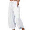 YOLAI Women's Cotton and Linen Cropped Trousers Solid Colours Drawstring Pants Casual Loose Pants with Pockets (White, XXL) view 1