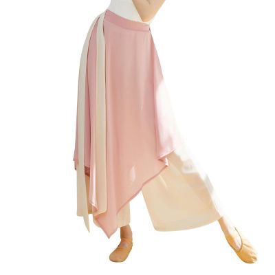 YOLAI Women's Loose Flowing Chiffon Dress Trousers Classical Dance Wide Leg Pants Dance Lightweight Colour Blocking Pants (Pink, XL)