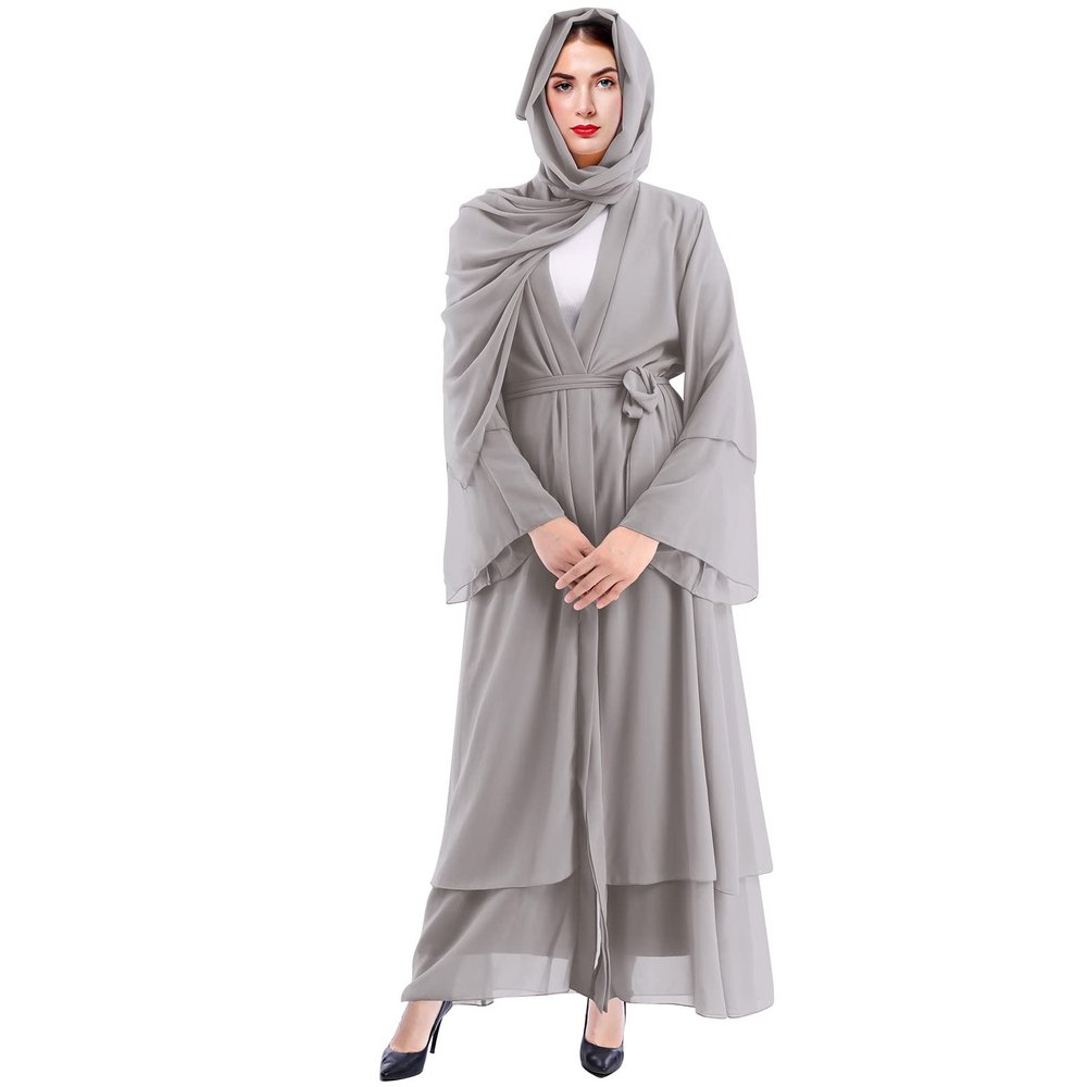 Abayas for Women Muslim: Modest Abaya Dress with Hijab Jilbab Middle East Arabian Robes Dubai Outfit Conservative Kaftan Islamic Dresses Chiffon Prayer Clothes Ramadan Eid Wedding Grey Small