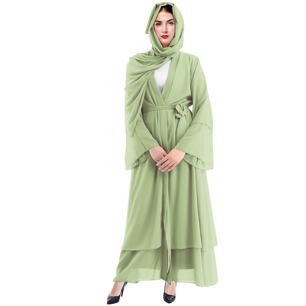 Abayas for Women Muslim: Modest Abaya Dress with Hijab Jilbab Middle East Arabian Robes Dubai Outfit Conservative Kaftan Islamic Dresses Chiffon Prayer Clothes Ramadan Eid Wedding Sage Green Medium