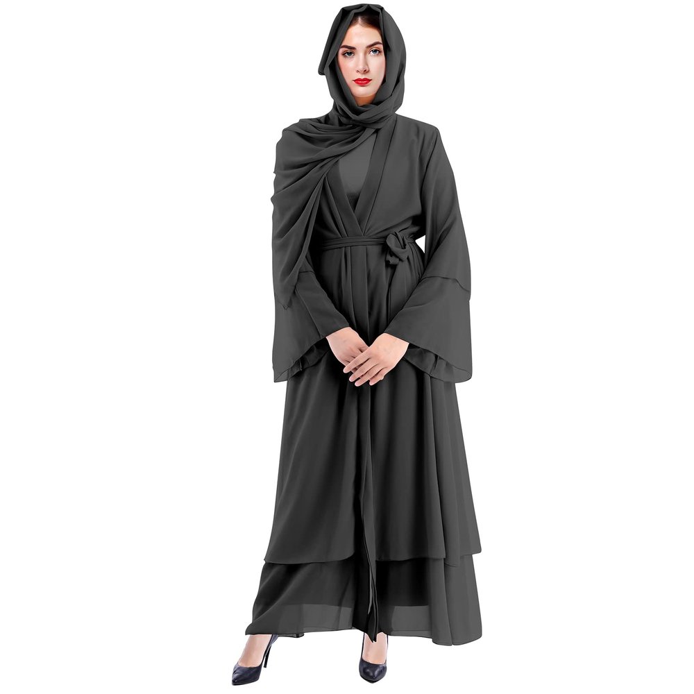 Abayas for Women Muslim: Modest Abaya Dress with Hijab Jilbab Middle East Arabian Robes Dubai Outfit Conservative Kaftan Islamic Dresses Chiffon Prayer Clothes Ramadan Eid Wedding Black Medium