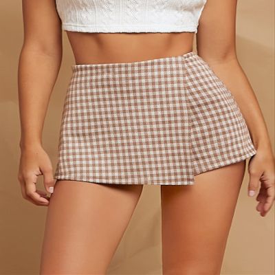 ABZEKH Shorts for Women Shorts Women's Shorts Gingham Asymmetrical Hem Skort Shorts (Color : Multicolor, Size : Large)