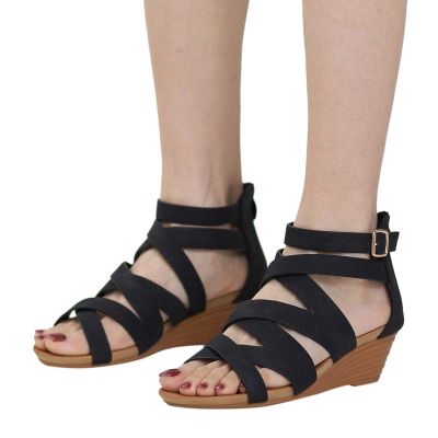 SACFOF Womens Gladiator Wedge Sandals,Summer Open Toe Low Wedge Sandals Bohemia Zipper Casual Walking Roman Shoes