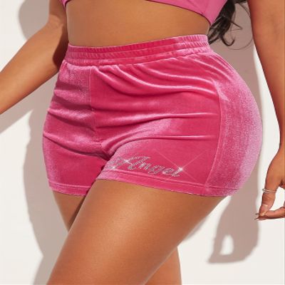 LEWGEL Women's Shorts Rhinestone Letter Pattern Velvet Shorts Shorts Women (Color : Pink, Size : Large)
