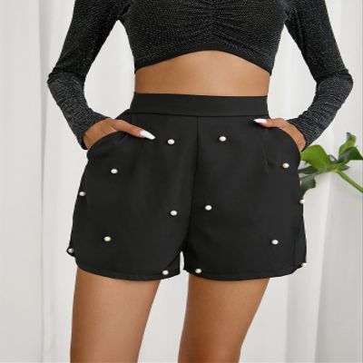 LEWGEL Women's Shorts Pearls Beaded Slant Pocket Shorts Shorts Women (Color : Black, Size : Small)