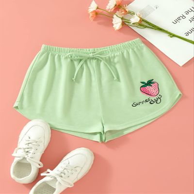 LEWGEL Women's Shorts Letter & Strawberry Print Knot Front Shorts Shorts Women (Color : Green, Size : Small)