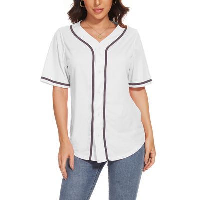 Women's Baseball Jerseys Blank Button Down V-Neck Softball Team Uniform Fashion Simple Wide Stripe Short Sleeve (White,XS,X-Small,Regular,Regular)