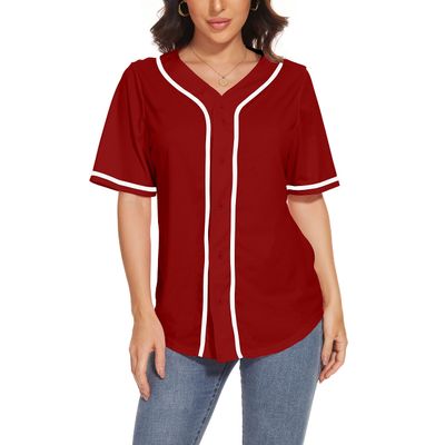 Women's Baseball Jerseys Blank Button Down V-Neck Softball Team Uniform Fashion Simple Wide Stripe Short Sleeve (Red,4XL,4X-Large,Regular,Regular)