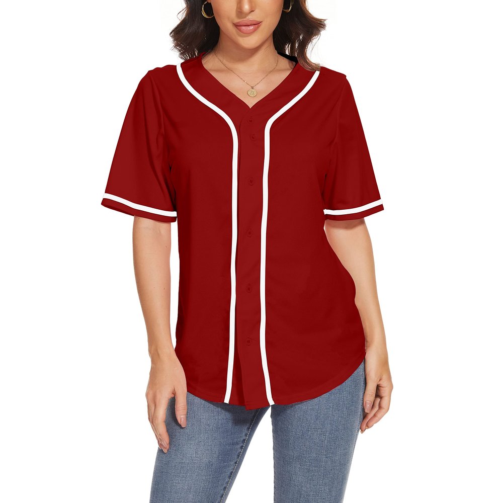 Women's Baseball Jerseys Blank Button Down V-Neck Softball Team Uniform Fashion Simple Wide Stripe Short Sleeve (Red,4XL,4X-Large,Regular,Regular)