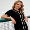 Womens Hip Hop T Shirts Baseball Jersey Button Down Tops Short Sleeve Solid Color Outfits (Black 3XL) view 4