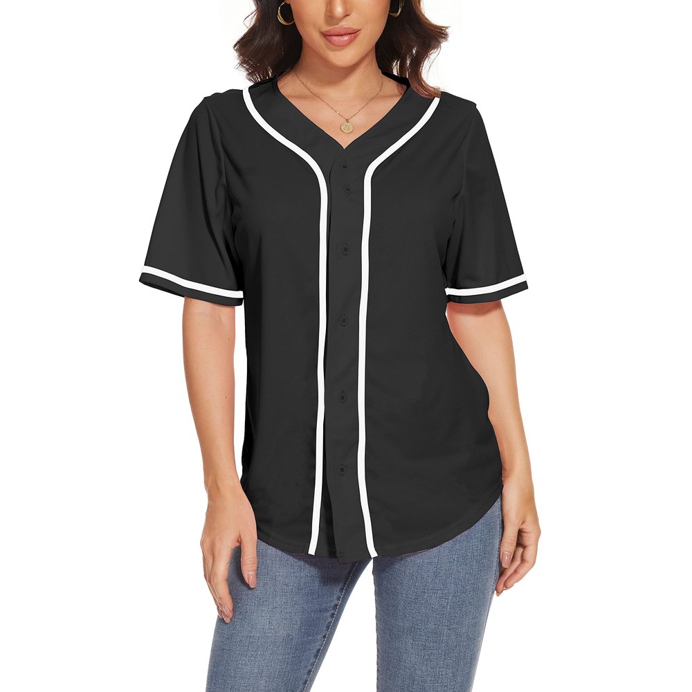 Women's Baseball Jerseys Blank Button Down V-Neck Softball Team Uniform Fashion Simple Wide Stripe Short Sleeve (Black,4XL,4X-Large,Regular,Regular)