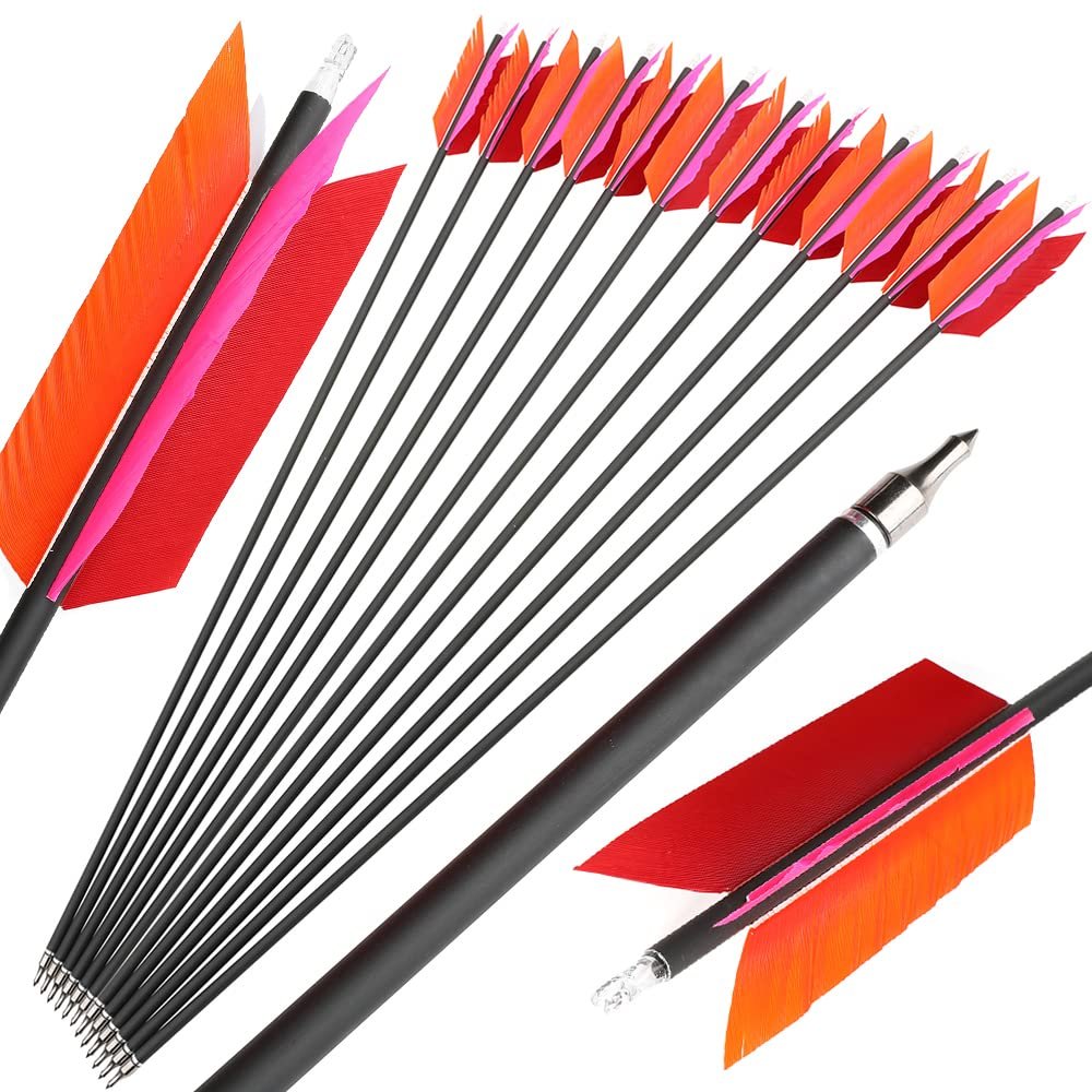 ZSHJGJR 30 Inch Archery Hunting Arrows Carbon Flu Flu Arrows Spine 500 Target Practice Arrows with 4pcs Turkey Feather Replaceable Arrowhead for Outdoor Hunting Shooting 6/12pcs (12, Four Color)