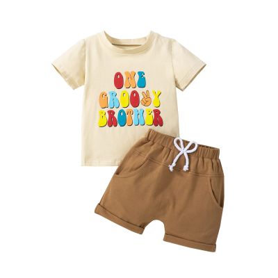 1st Birthday Baby Boy Outfit Groovy One/Two Groovy Short Sleeve Letters T-Shirt + Shorts/Pants Boy Summer Clothes (One Groovy Brother Shorts,6-12 Months)