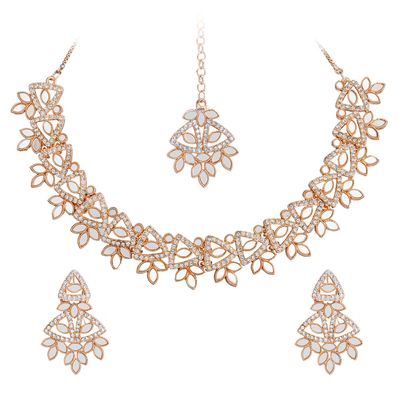 Bodha Traditional Indian Rose Gold Plated Kundan, AD, Crystal, CZ Design Necklace Combo with Maang Tikka and Earrings Jewellery/Jewelry Set for Women (SJN_184_RG)